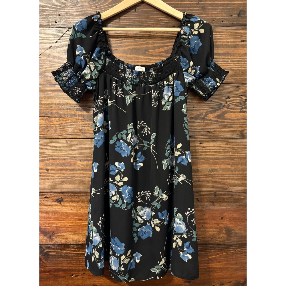 Blue Rain Floral Mini Dress Women's L Black Blue Smocked Puff Sleeve Cottagecore